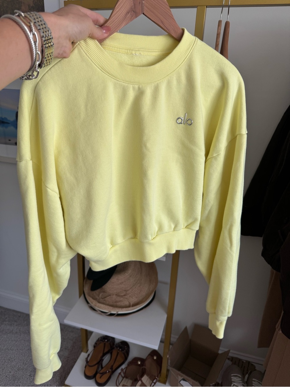 ALO Yoga Lime Yellow Cropped Crewneck Sweatshirt - Picture 2 of 3